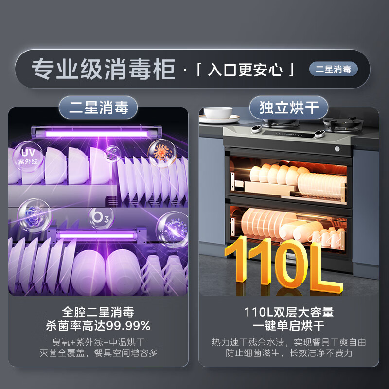 美的(Midea)[晴空FD90]消毒款 集成灶一体式 26风量油烟机 蒸汽洗 5.2kW燃气灶 消毒柜