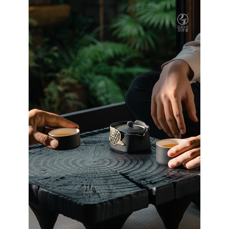 万仟堂旅行茶具 户外泡茶茶具套装陶瓷高档带包 龙行天下·快客杯 黑铁釉 龙行天下黑铁釉高清大图