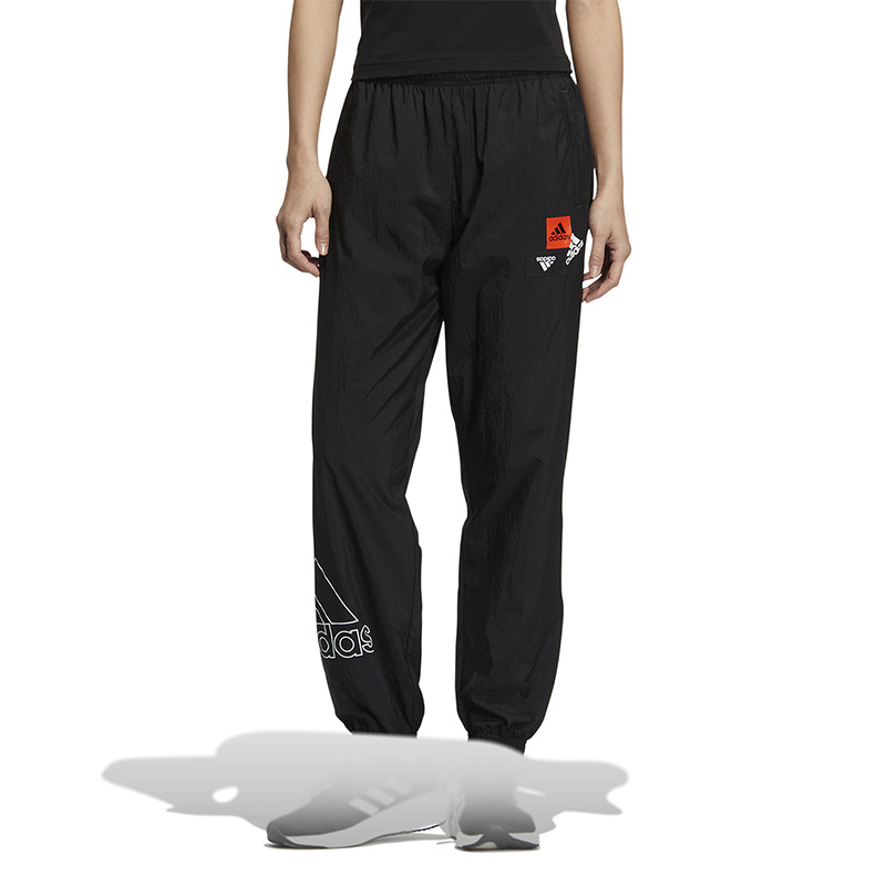 adidas SS22休闲收口梭织Logo运动长裤 女款 秋季 黑色 HM5292