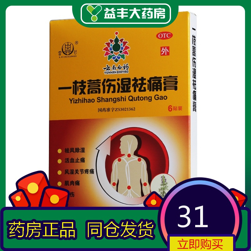 云南白药一枝蒿伤湿祛痛膏7cm10cm6贴盒js