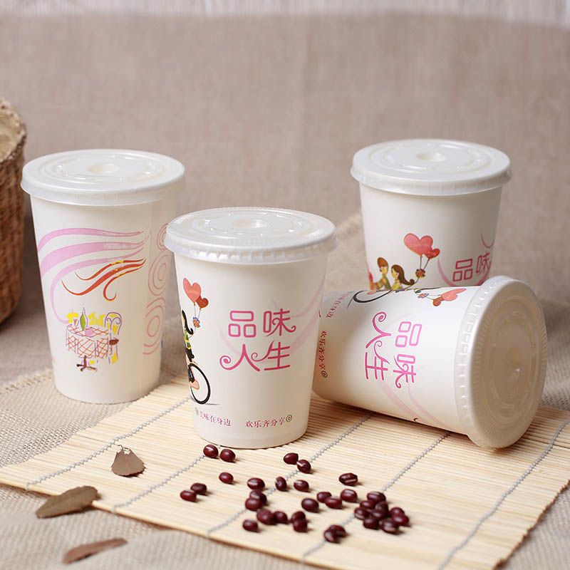 一次性豆浆杯纸杯带盖加厚粥杯奶茶杯稀饭杯打包家用商用|(16A)500ml品味人生 杯+盖+管200套