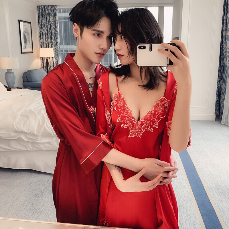 波迷娜(BOMINA)春夏季红侣睡袍两件套女吊带裙男薄款宽松睡衣浴袍
