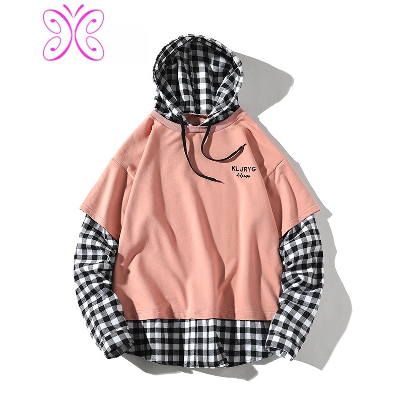 yuansu粉色卫衣男连帽骚粉春秋加绒韩版潮流假两件上衣套头学生带帽