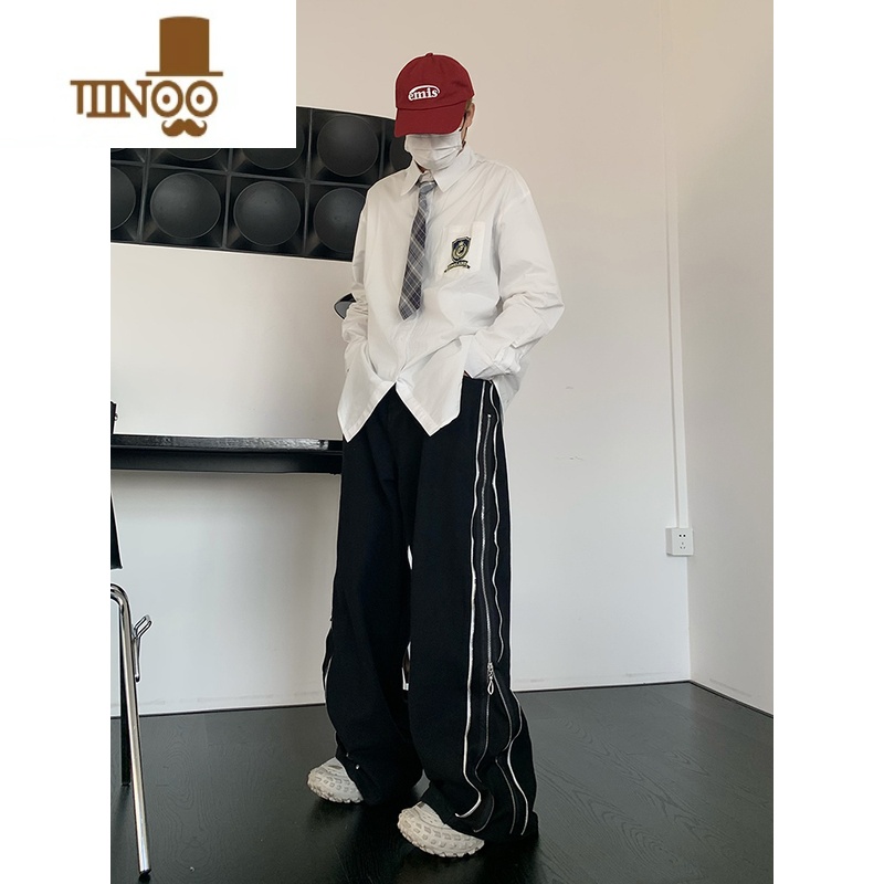 YANXU美式高街开衩休闲裤男女显瘦阔腿宽松直筒百搭侧边拼接拉女侧显链高清大图