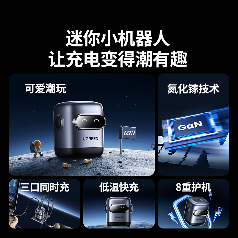 绿联(UGREEN)65W氮化镓充电器机器人多口Type-C快充头兼容pd45W苹果三星华为/小米手机笔记本高清大图