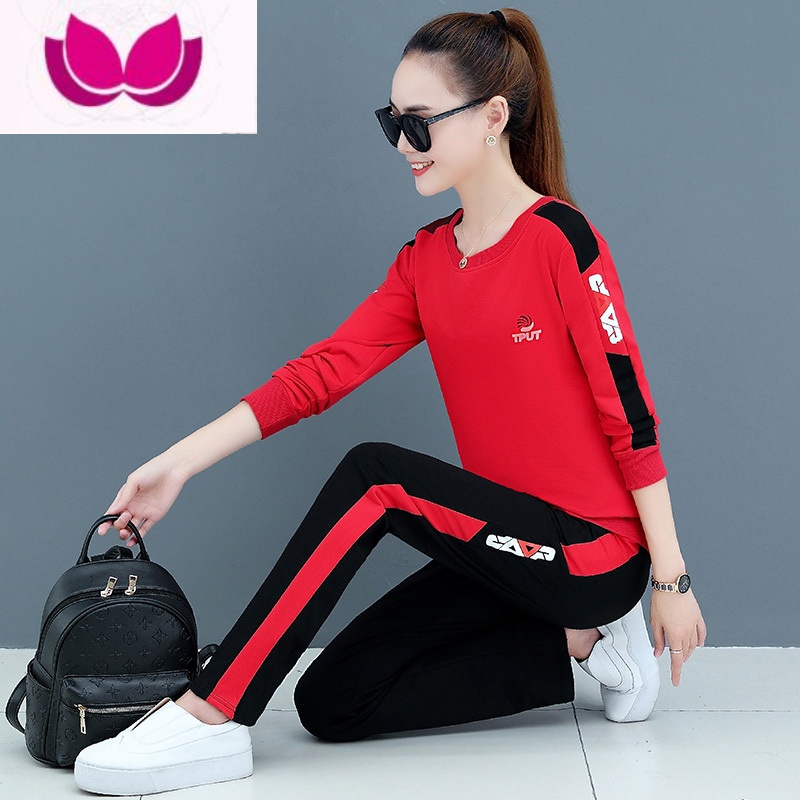 七斓休闲运动套装女2023新款时尚跑步运动服团队服洋气套 红色长袖长裤 L