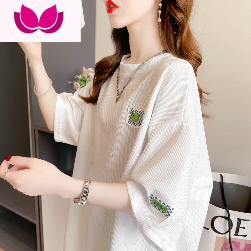 七斓港风chic华夫格短袖t恤女夏季中长款宽松大码韩版半袖上衣服潮ins