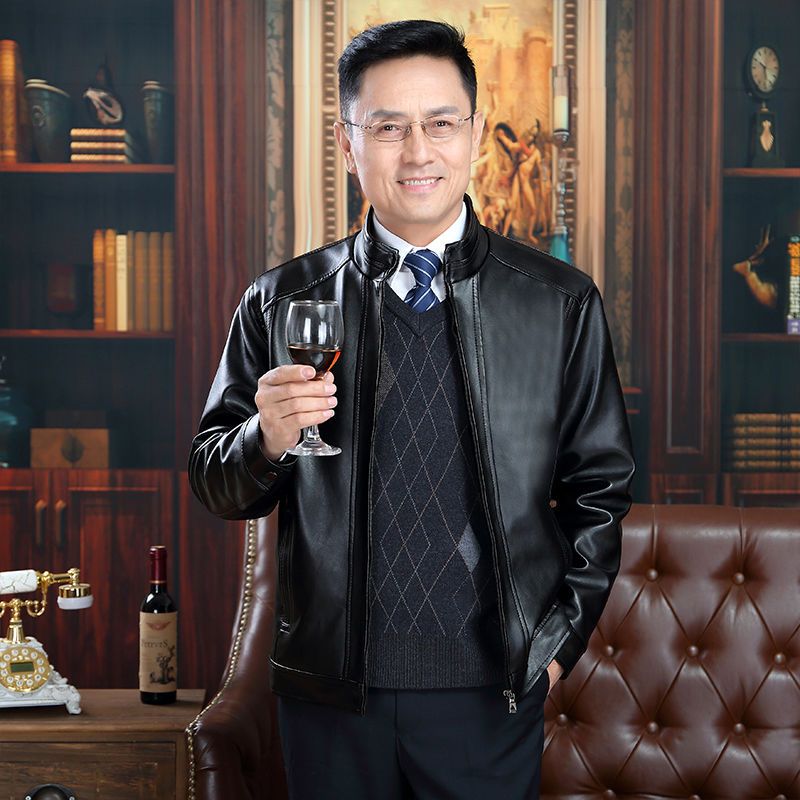 中年男士皮衣加绒皮衣男休闲皮夹克宽松大码皮衣外套中老年爸爸装衫伊格