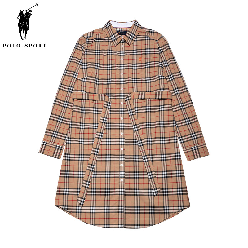 Polo Sport连衣裙女2021春新款收腰显瘦长袖格子衬衫裙11L261621