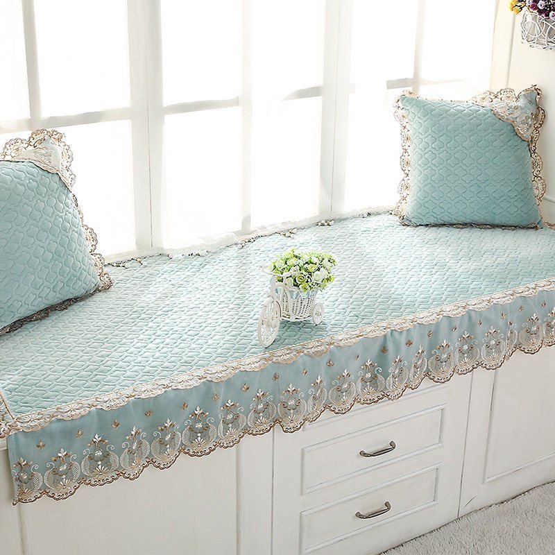 汐岩窗台垫北欧飘窗垫四季卧室飘窗榻榻米垫可机洗公主房阳台垫子定做 昔云-水绿色(80宽+15裙摆)*240cm长