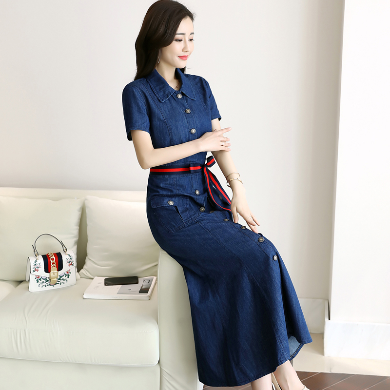 牛仔连衣裙女夏款薄款女士新品韩版气质修身显瘦牛仔长裙过膝裙子