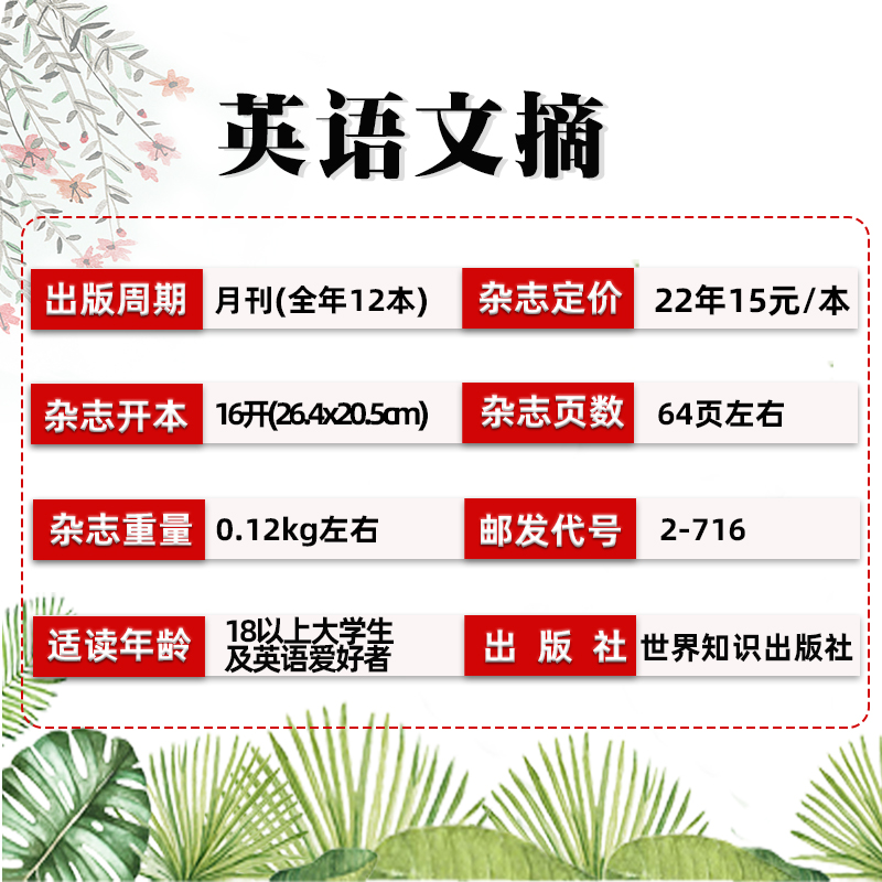 B[跨年订阅]2023年12月-2024年11月 [正版]全年/半年订阅英语文摘杂志2023/2024年1-12月/20高清大图
