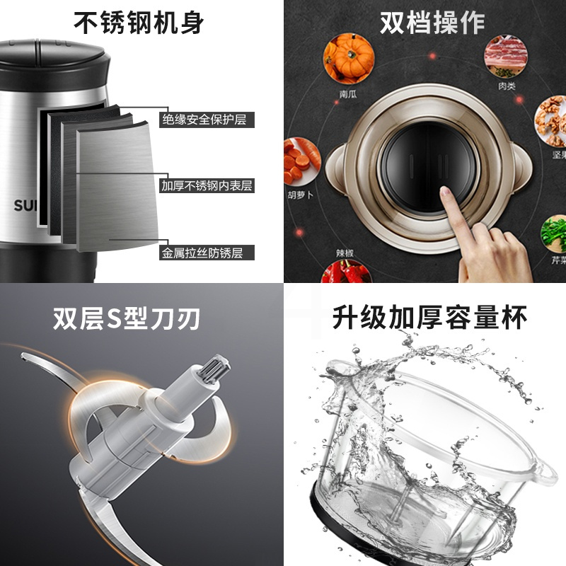苏泊尔绞肉机家用多功能电动小型全自动料理打馅碎菜搅拌十大品牌 2L[1副刀头]彩色1个不锈钢碗