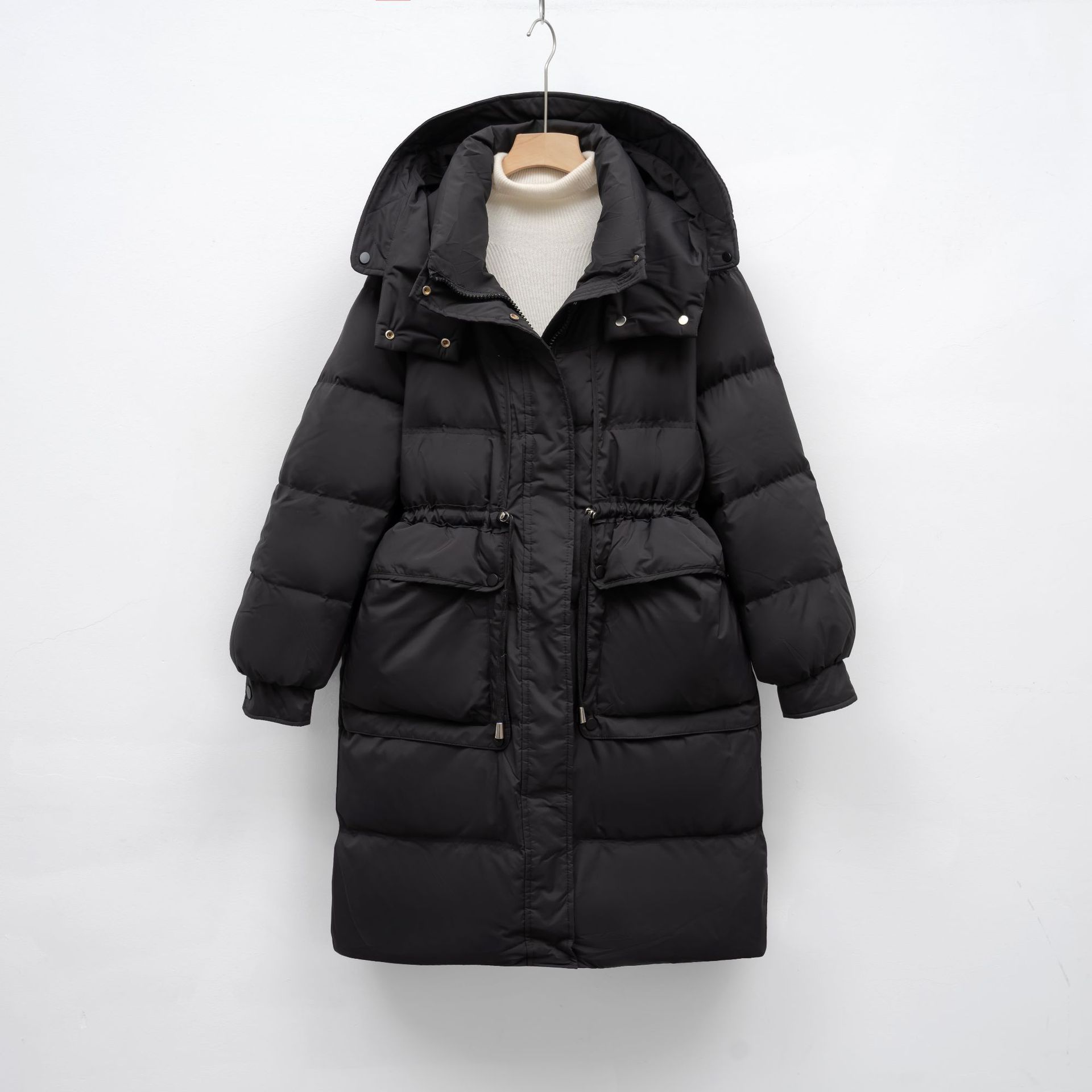 冬季中长款韩版宽松白鸭绒时尚外套收腰保暖连帽羽绒服女高清大图