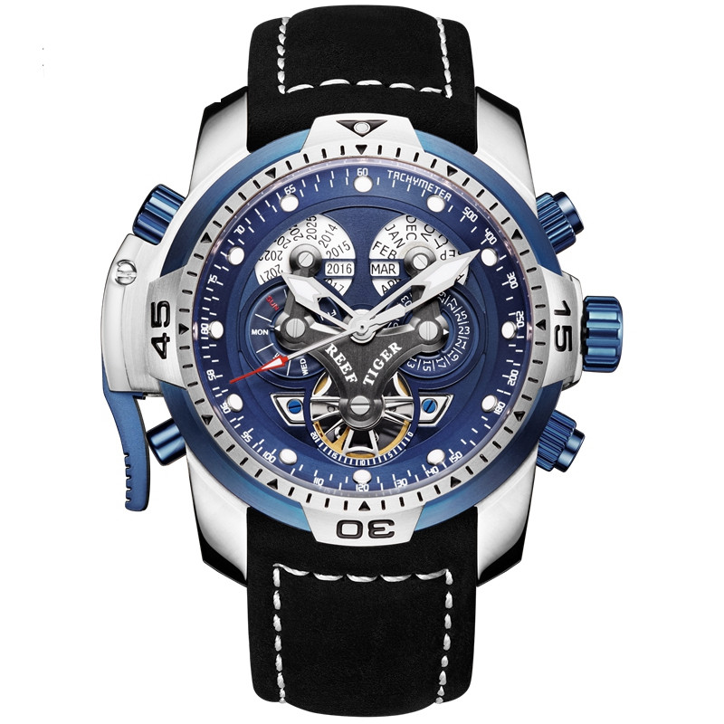 瑞夫泰格REEF RIGER时尚潮流手表多功能全自动机械表男士真皮大表盘防水军表进口机芯强夜光RGA3503高清大图