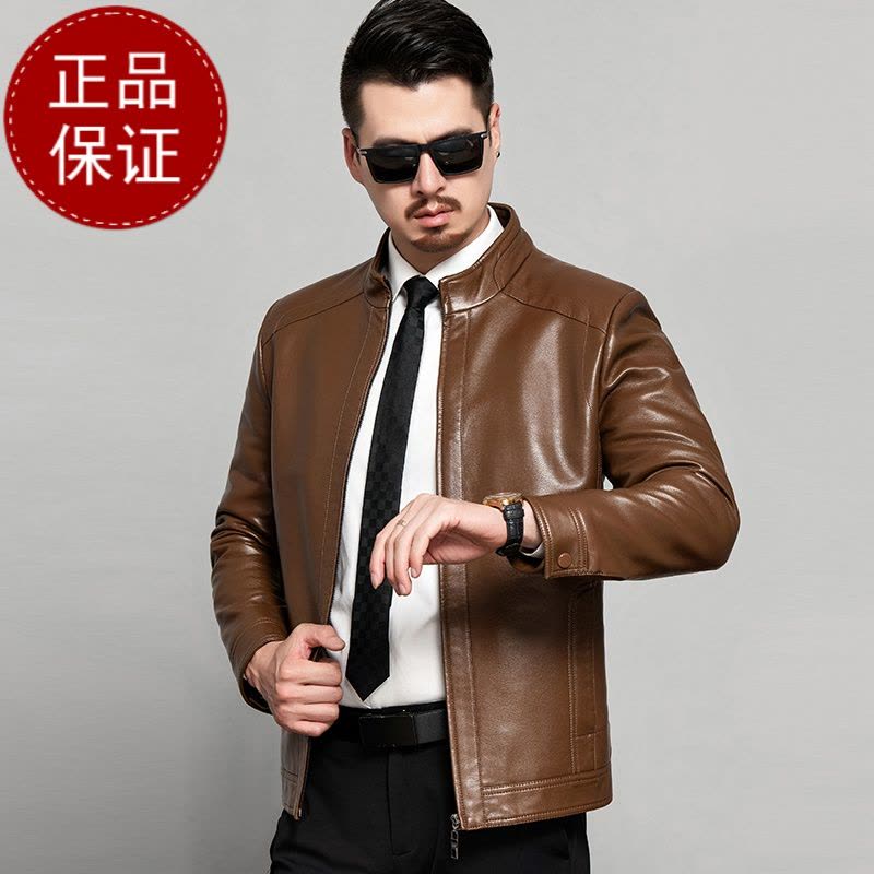 免费试穿 海宁绵羊皮软皮衣男真皮短款立领真羊皮中年机车皮夹克修身外套潮海宁真皮绵羊皮图片
