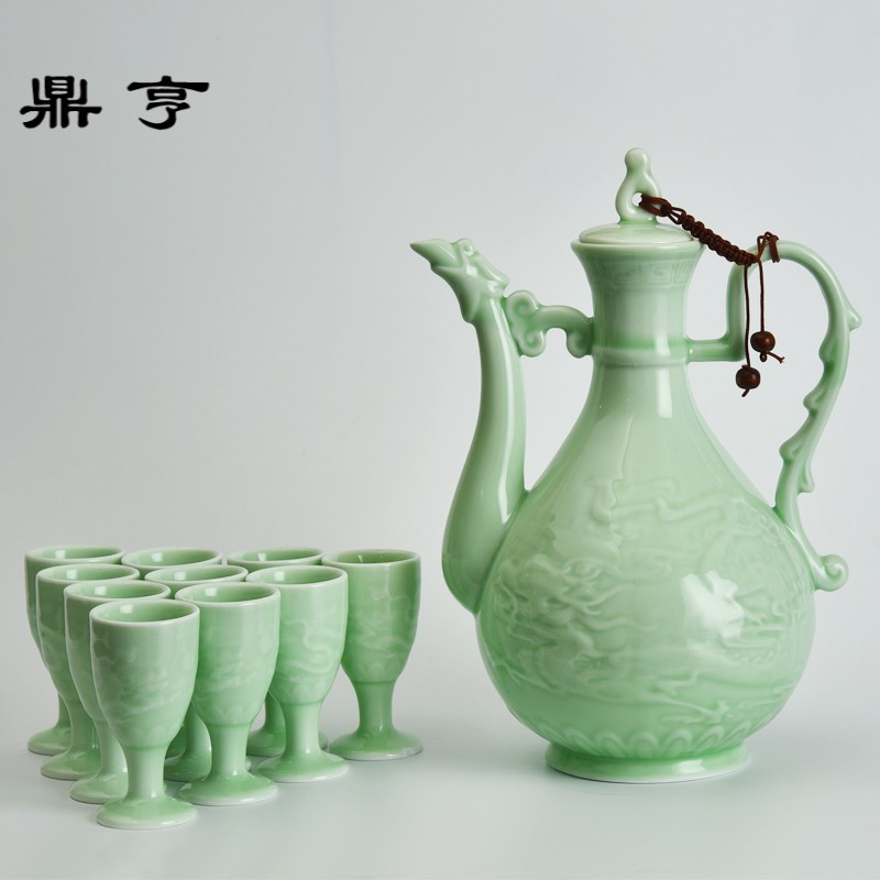 鼎亨白酒杯子家用套装青瓷陶瓷喝酒杯一口杯高脚杯分酒器酒盅