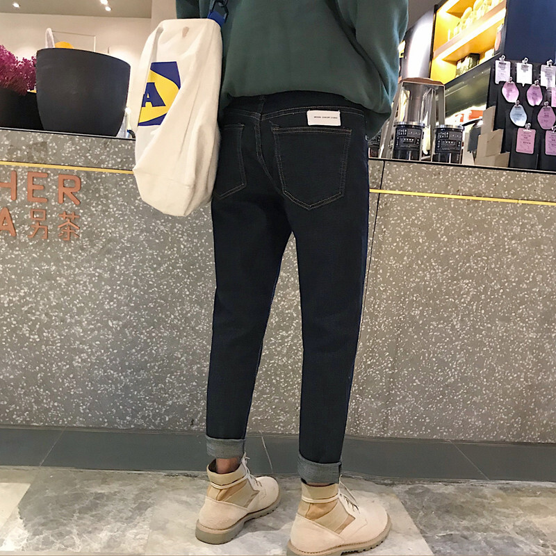 春季2018新款男士牛仔裤修身小脚休闲黑色水洗贴标长裤子韩版