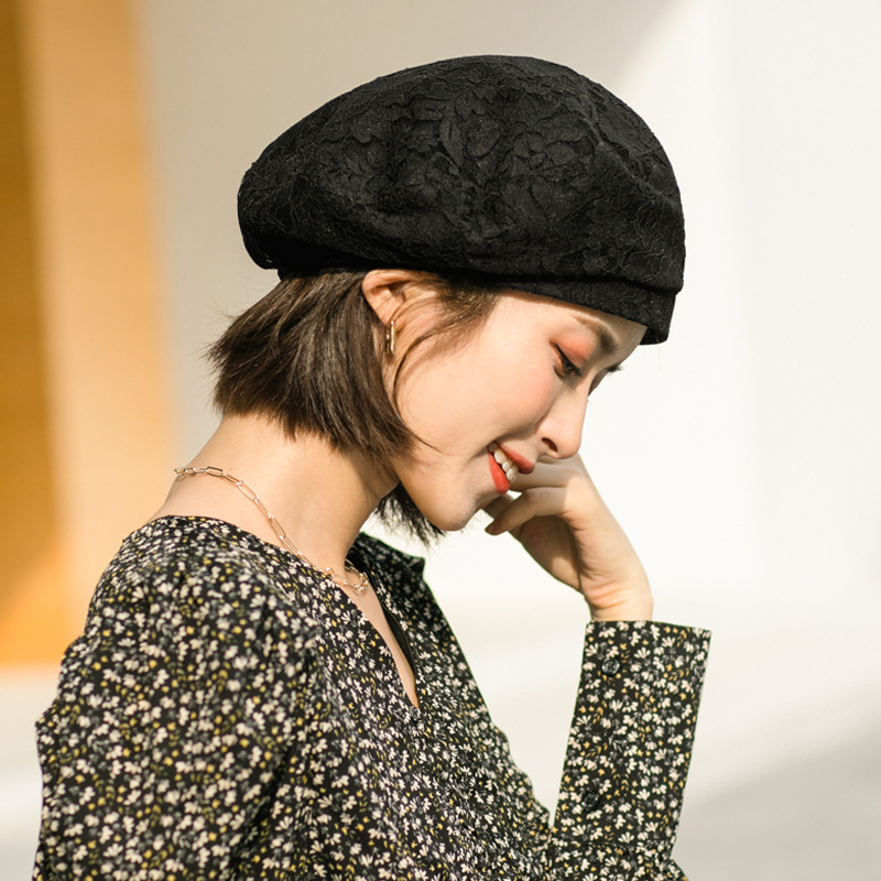 盛世尼曼韩国薄款白色蕾丝贝雷帽子女潮日系春秋时尚透气百搭蓓蕾画家