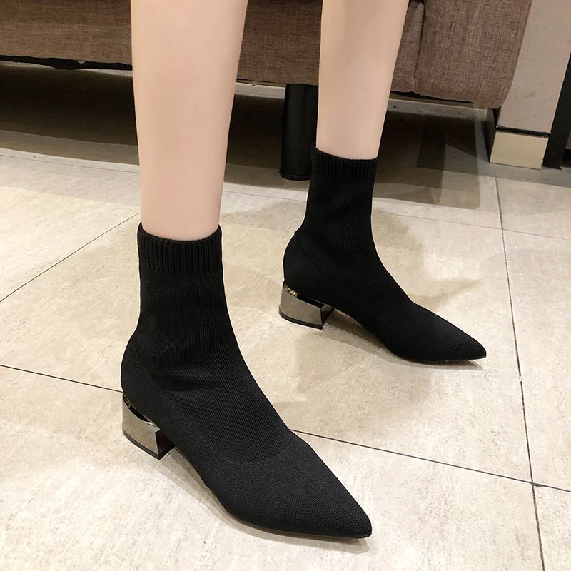 枫述短靴女尖头粗跟弹力瘦瘦靴2021秋冬新款气质百搭针织袜靴保暖靴子