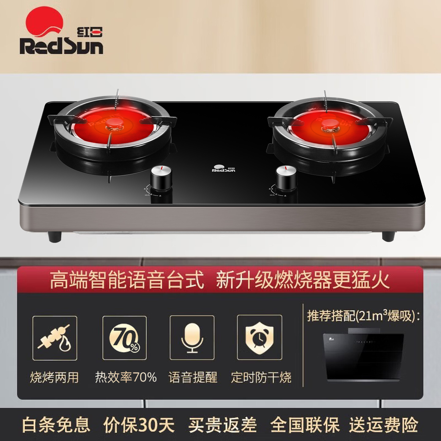 红日(RedSun)ES009B燃气灶 家用红外线灶煤气灶双灶 固定定时防烧干 智能语音提示 一级能效 (液化气)高清大图