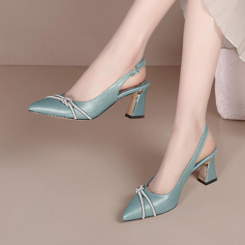 mudiao]高跟鞋女包头凉鞋夏季2021新款女鞋真皮水钻扣粗跟鞋子女尖头