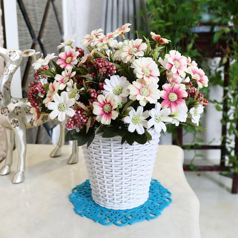 仿真塑料花套装饰品茶几餐桌客厅室内餐桌家居摆件摆设干花假花束盆栽-粉芯油画小菊+TL篮