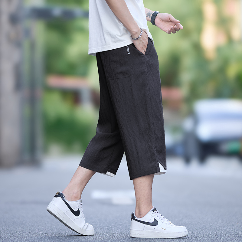 啄木鸟男士天丝七分裤亚麻短裤子夏季薄款宽松直筒中裤冰丝短裤男 黑色单件 M建议90-115斤