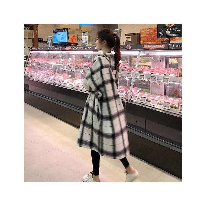 格子衬衫女2021秋冬休闲宽松大码韩版中长款过膝加绒保暖上衣外套