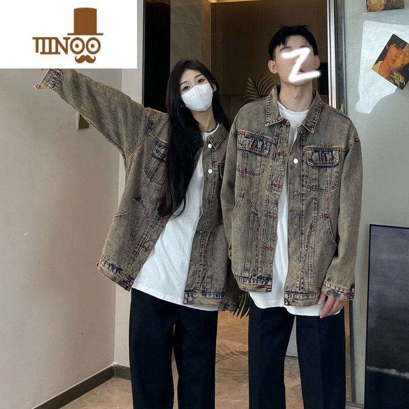 YANXU网红同款水洗做旧牛仔外套男复古痞帅工装翻领夹克宽松情侣上装仔高清大图