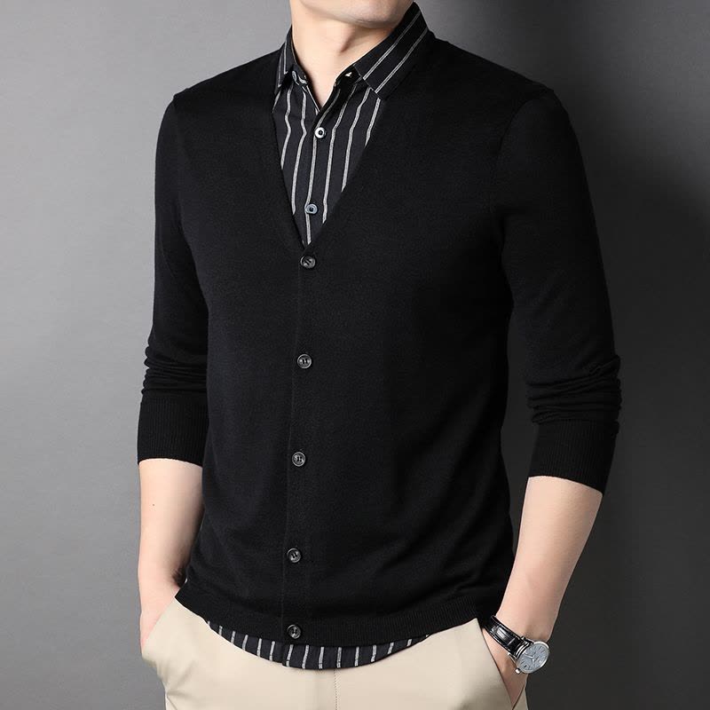 恒源祥春秋款假两件套衬衫领长袖男士针织衫精致时尚休闲男装外穿上衣服图片