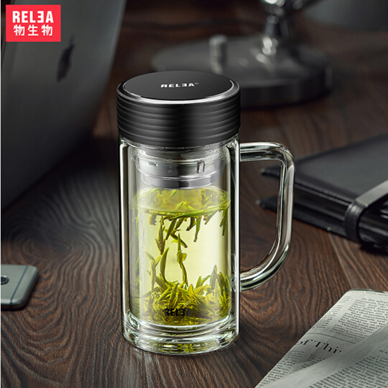 物生物(RELEA)玻璃杯双层水晶茶杯带手柄商务泡茶杯子过滤网加厚大容量水杯 360ML 君逸
