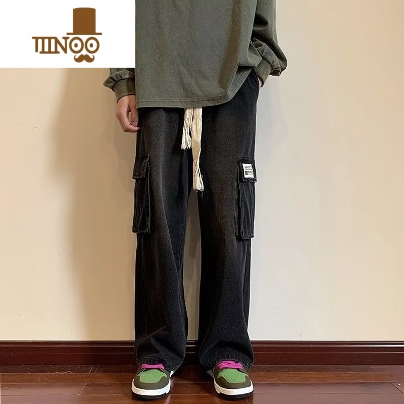 YANXU黑色多口袋工装牛仔裤男美式复古水洗潮牌街头宽松bf直筒休闲长裤高清大图