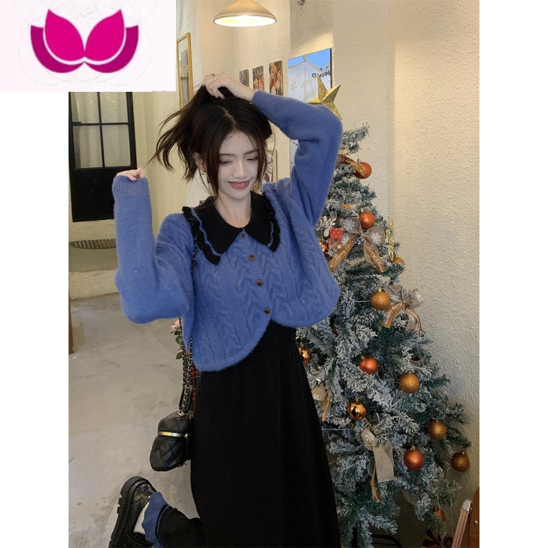 七斓茶里茶气春季学院小香风大码套女韩系软糯针织套装吊带连衣裙
