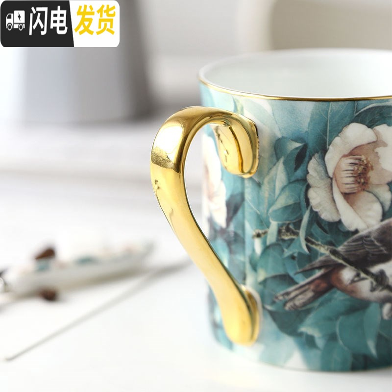 三维工匠田园风描金骨瓷马克杯大容量陶瓷早餐杯办公室水杯创意咖啡杯带盖 杜鹃鸟-马克杯-带勺咖啡器具