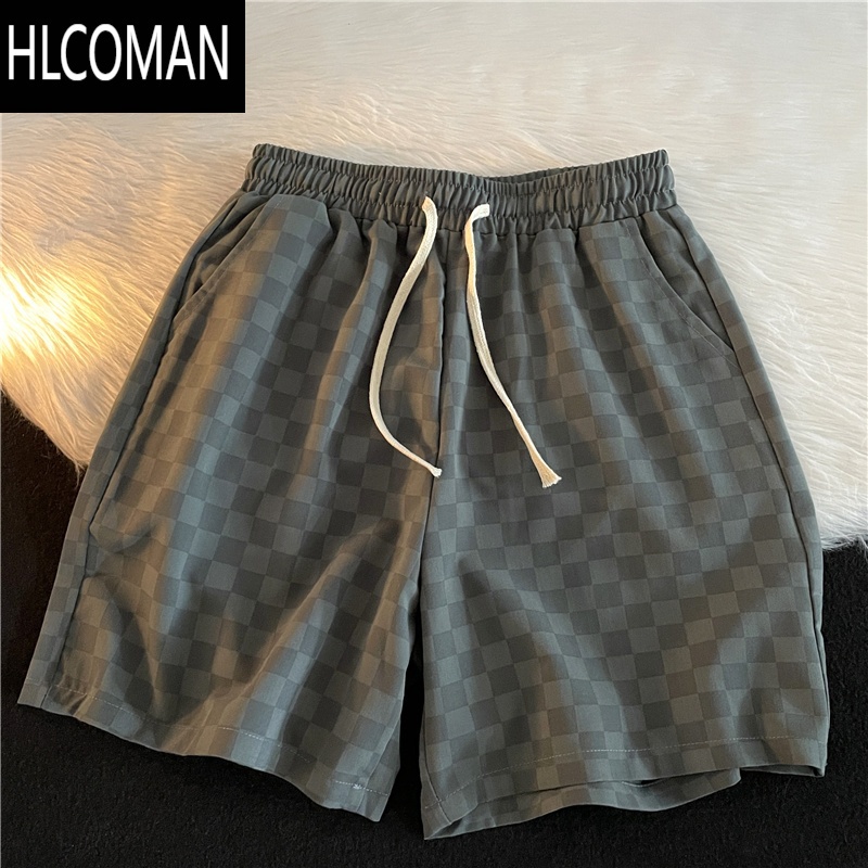HLCOMAN日系复古水洗棋盘格运动短裤男生宽松直筒五分松紧腰抽绳阔腿中裤