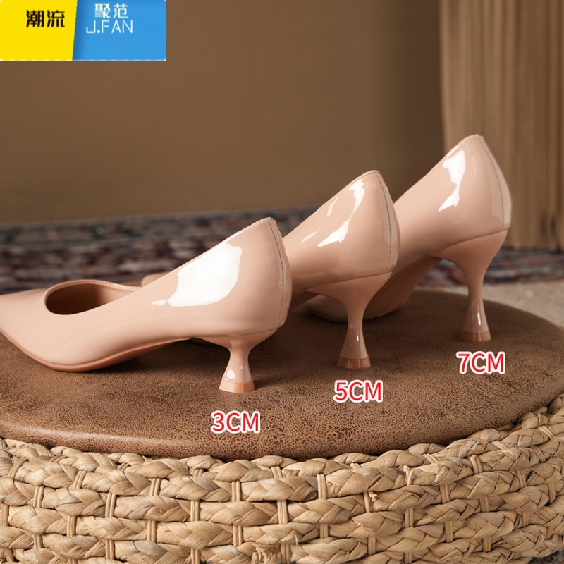 聚范裸色高跟鞋女细跟2024新款漆皮尖头单鞋配裙子职业工作鞋单鞋高清大图