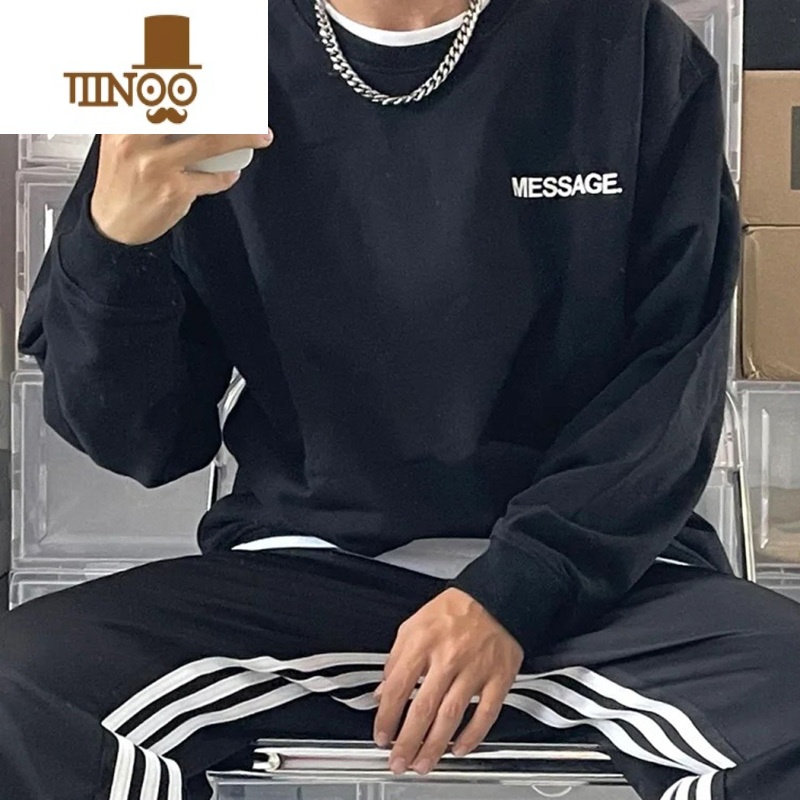 YANXUvintage潮牌街头嘻哈宽松长袖卫衣男美式圆领薄款简约上衣ins高清大图