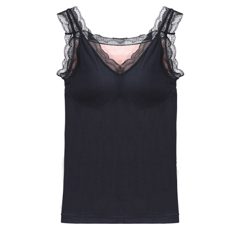 迪鲁奥（DILUAO)加绒吊带背心女保暖冬季冬天内搭加厚蕾丝打底衫带胸垫罩无袖上衣 橙色 均码 黑色 默认尺寸