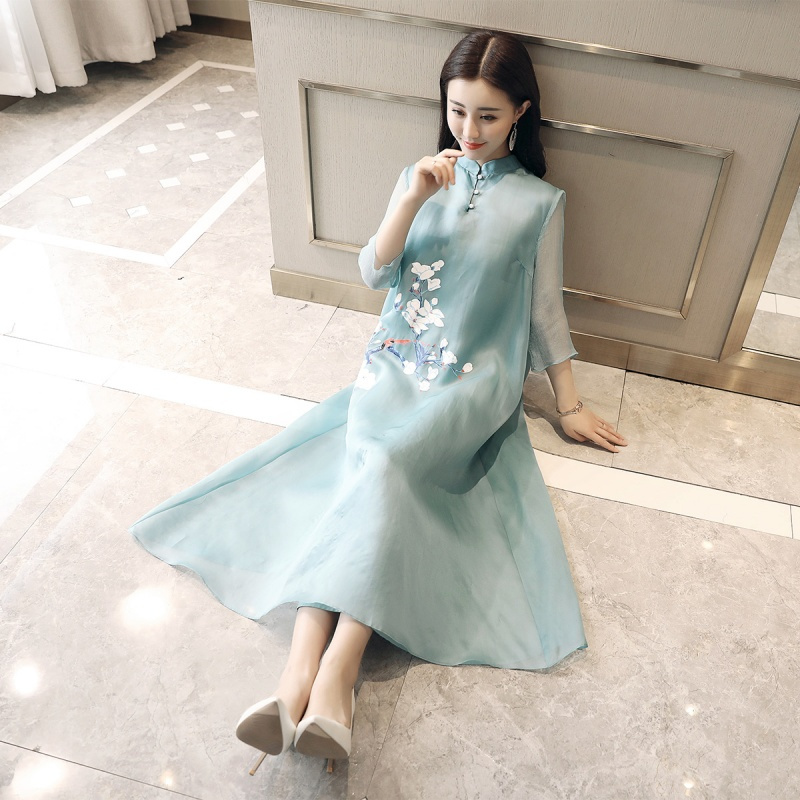 女士新品中国风改良旗袍连衣裙民族风茶服禅意文艺长裙女装夏裙子
