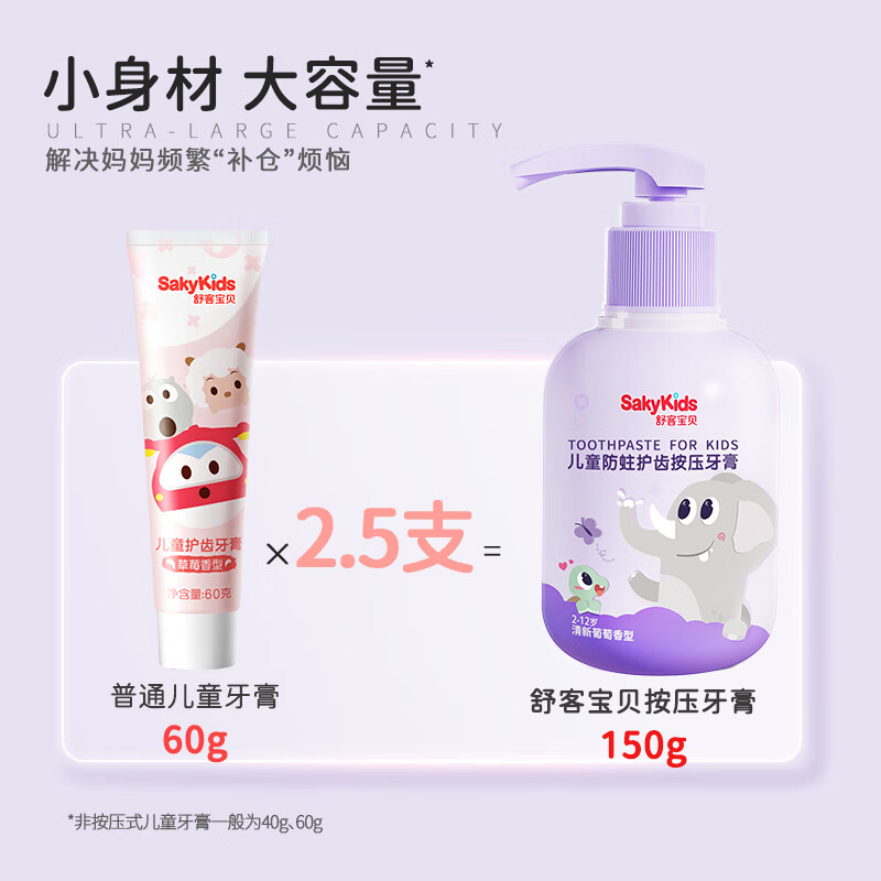 舒客宝贝儿童牙膏按压式150g大容量含氟防蛀2-12岁葡萄味包装随机1瓶装高清大图