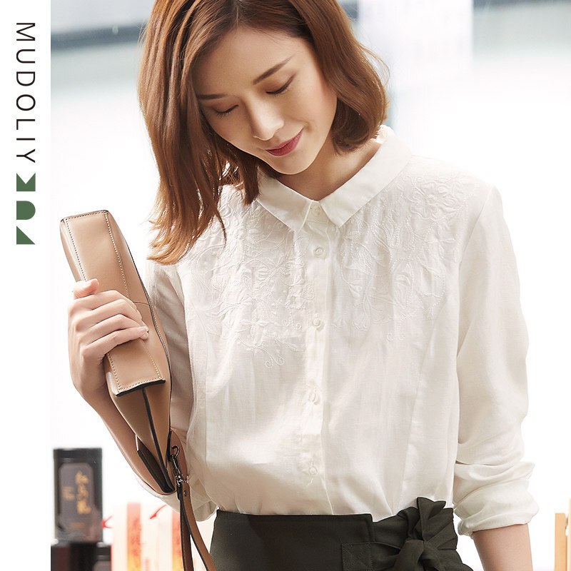 亚麻白衬衫女长袖2018春装棉麻女装衬衣刺绣花百搭上衣