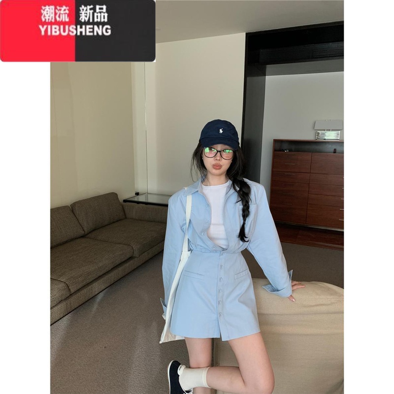 YIBUSHENG韩系蓝色polo领衬衫连衣裙女装气质收腰显瘦包臀裙小个子短女高清大图