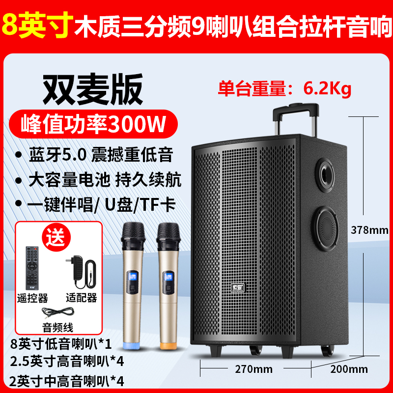 索爱(soaiy)SA-F85大功率9喇叭重低音广场舞家用户外k歌电木吉他乐器音箱蓝牙拉杆便携音箱扩音器 双麦