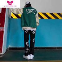 YUNWUXINins高街复古刺绣牛仔裤女秋季拉链黑色潮牌开叉宽松显瘦直筒长裤