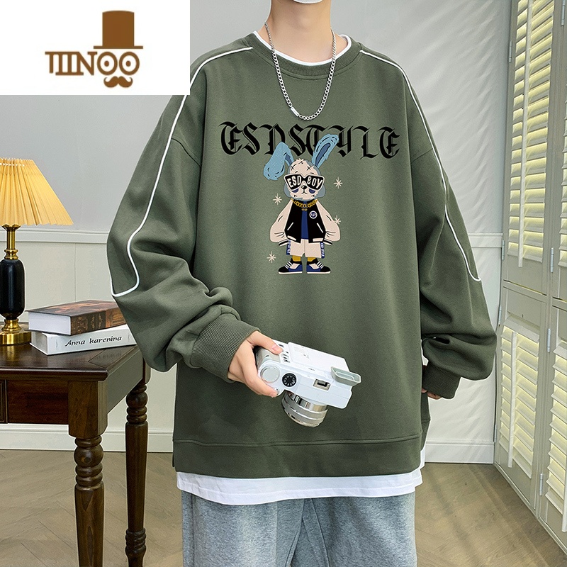 YANXU假卫衣男2023新款美式卡通印花初中学生上衣服潮牌男装高清大图