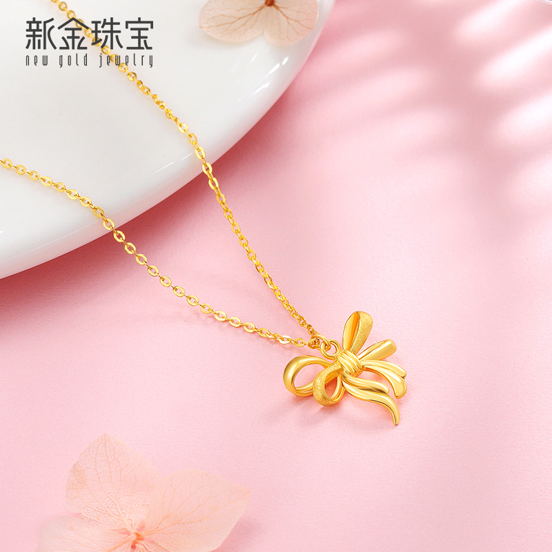 新金珠宝 黄金蝴蝶结项链女5G硬金吊坠颈链 999足金礼结套链-LJ1042