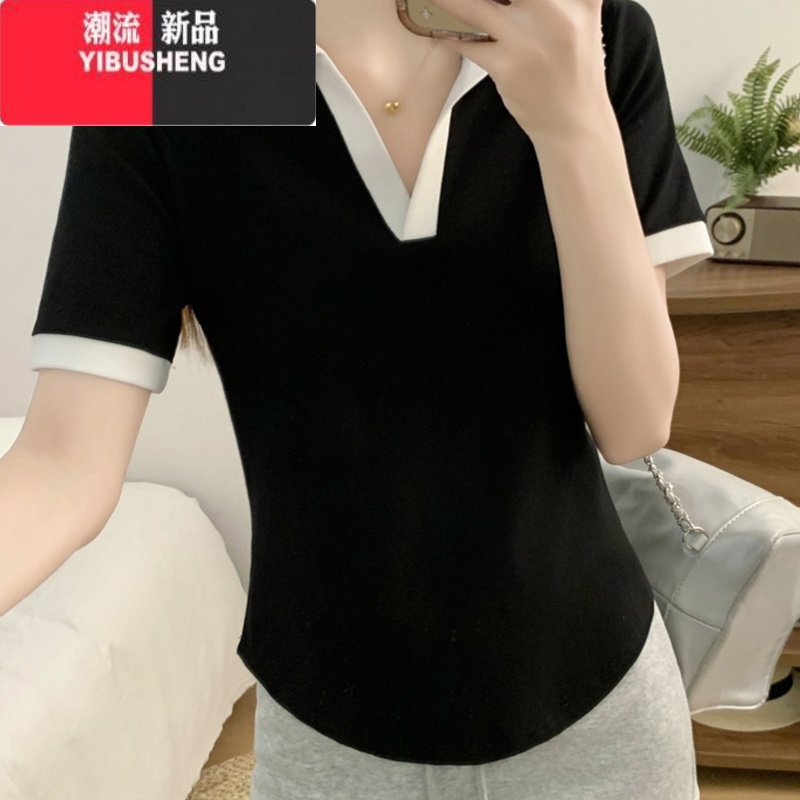 YIBUSHENG大码胖MM女装撞色v领短袖T恤女2024新款设计感美式复古正肩上衣高清大图