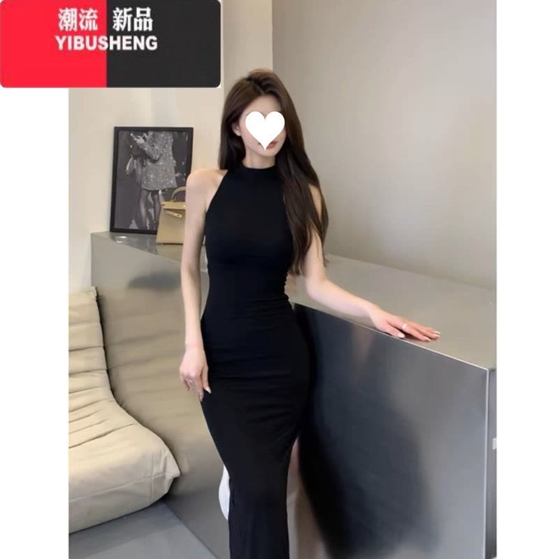 YIBUSHENG法式复古气质名媛连衣裙女性感黑色收腰修身显瘦挂脖开叉包臀裙子图片
