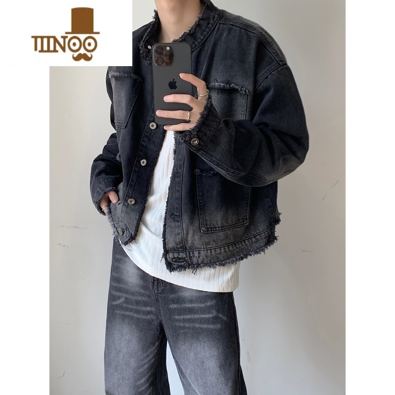 YANXU秋季毛边垫肩短款牛仔外套男款美式复古感痞帅设计感小众夹克高清大图